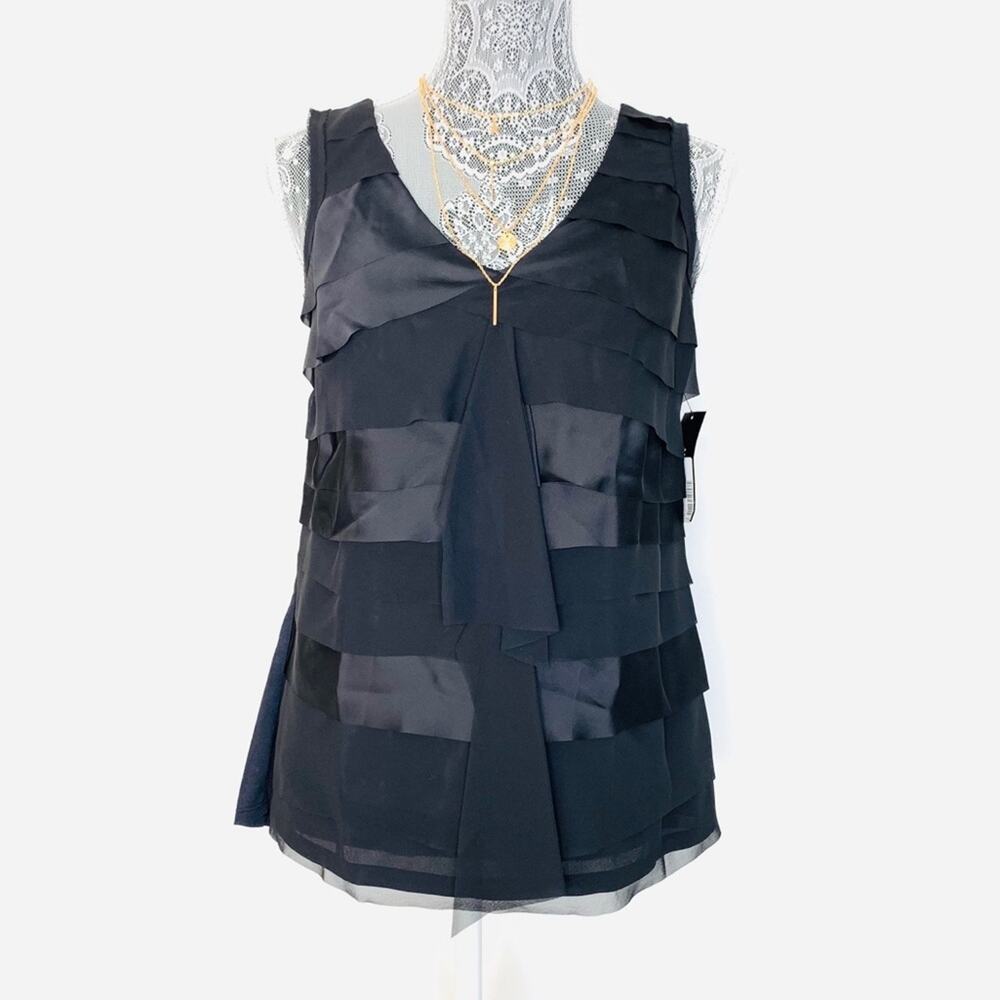 Alfani Womens Black Sleeveless Tiered Ruffle V-Neck Business Casual Blouse XS